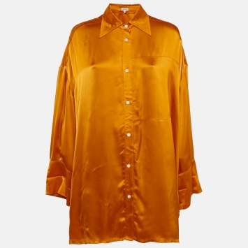Pre Owned Loewe Orange Satin Button Front Oversized Shirt L