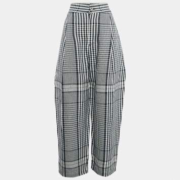 Pre Owned Loewe Navy Blue/White Checked Linen Wide-Leg Trousers L