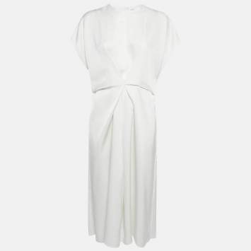Pre Owned Loewe White Satin Raw-Edge Gathered Mid Dress L