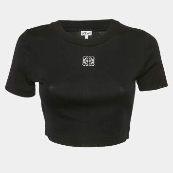 Loewe Black Angaram Embroidered Rib Knit Fitted Crop Top L