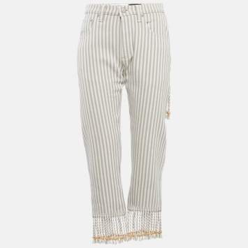 Loewe Beige/White Striped Denim Fringed Jeans S Waist 28"