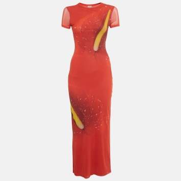 Pre Owned Loewe Red Printed Mesh Midi Dress XS