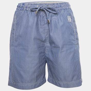 Pre Owned Loewe Blue Stripe Cotton Logo Embroidered Shorts S