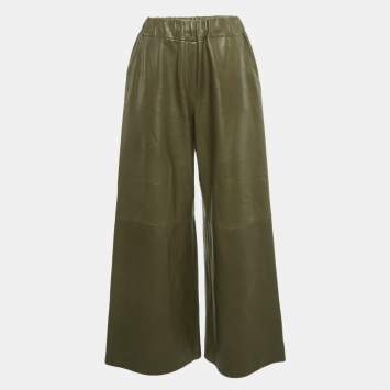 Pre Owned Loewe Green Genuine Leather Wide-Leg Trousers M
