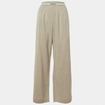 Pre Owned Loewe Beige Wool Logo Brand Wide Leg Trousers L