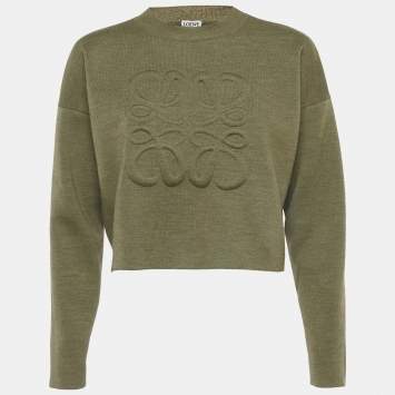 Pre Owned Loewe Green 3D Anagram Wool Knit Crop Sweater S