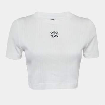 Pre Owned توب قصير لويفي أبيض بتطريز أناجرام ضلوع محبوك مقاس كبير