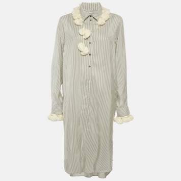 مملوكة مسبقًا Loewe Grey Striped Crepe Tassel Detail Shirt Dress L