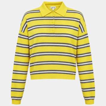 Pre Owned Loewe Yellow/Grey Striped Wool Knit Polo Cropped Pullover L