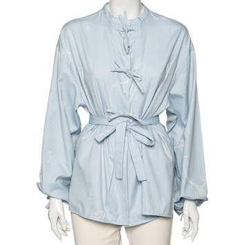 Pre Owned Loewe Blue Printed Cotton Tie-Up Detailed Button Front Oversized Blouse S