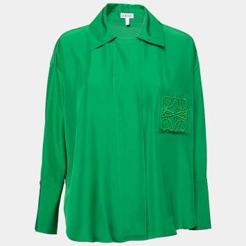 Pre Owned Loewe Green Silk Satin Logo Embroidered Oversized Pajama Blouse XS