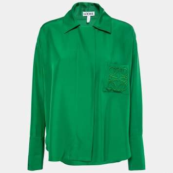 Pre Owned Loewe Green Silk Logo-Embroidered Oversize Pyjama Shirt S