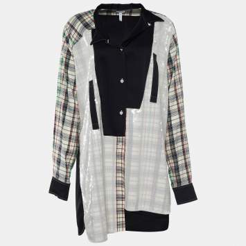 Pre Owned Loewe Black Sequined & Plaid Patchwork Shirt Dress S
