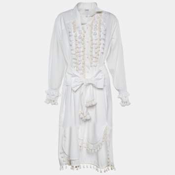 Pre Owned Loewe White Poplin Tasseled Tie Detail Shirt Dress S