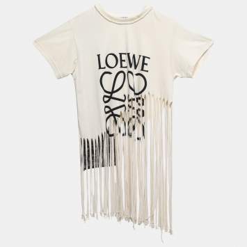 Pre Owned Loewe Cream Logo Print Jersey Fringed T-Shirt M