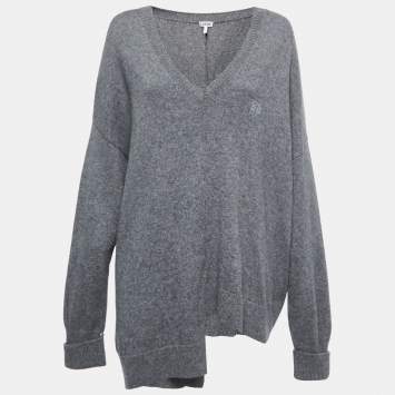 Pre Owned Loewe Grey Cashmere V-Neck Asymmetric Sweater S