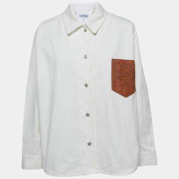 Pre Owned Loewe White Denim Leather Pocket Detail Oversized Shirt S