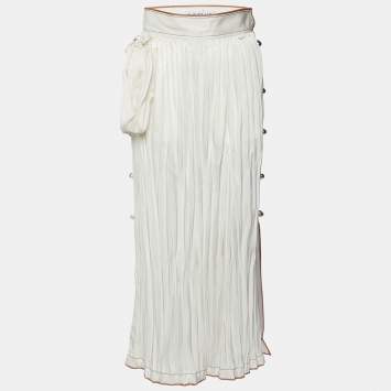 Pre Owned Loewe Ivory White Crinkled Satin Midi Skirt S