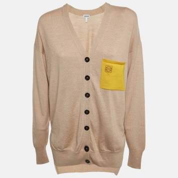 Pre Owned Loewe Beige Wool Logo Pocket Detail Buttoned Cardigan XS