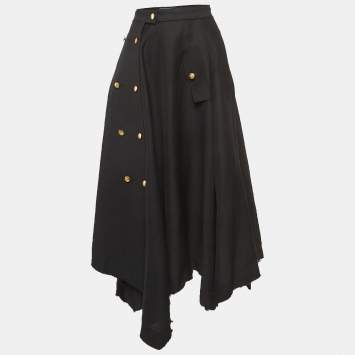 Pre Owned Loewe Black Raw Edge Linen Blend Button Detail Asymmetric Midi Skirt S