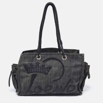 Pre Owned Loewe Black Denim and Leather Logo Shopper Tote
