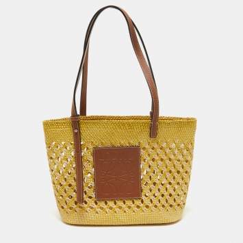 Pre Owned Loewe Tri Color Woven Raffia and Leather Basket Tote