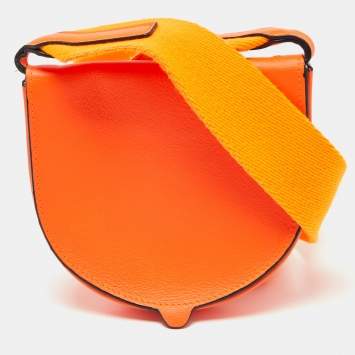 Pre Owned Loewe Orange Neon Leather Heel Flap Crossbody Bag