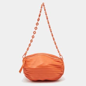 Pre Owned Loewe Orange Leather Pleated Braclet Pouch Bag 