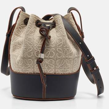 Pre Owned Loewe Beige/Black Anagram Jacquard Canvas and Leather Balloon Bucket Bag
