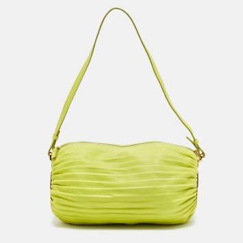 Pre Owned Loewe Lime Green Pleated Leather Bracelet Pouch Bag