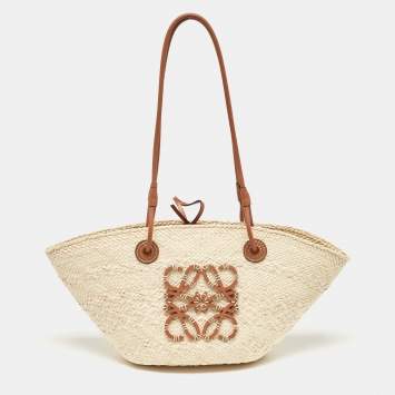 Pre Owned Loewe Cream/Brown Woven Raffi and Leather Small Anagram Basket Bag