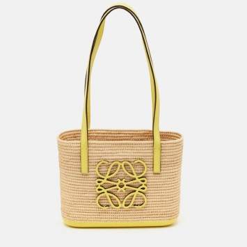 Pre Owned Loewe Yellow/Beige Leather and Raffia Mini Anagram Basket Tote