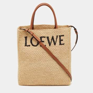Pre Owned Loewe Beige/Brown Raffia and Leather Standard A4 Tote