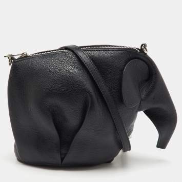 Pre Owned Loewe Black Leather Mini Striped Elephant Crossbody Bag