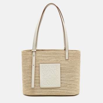 Pre Owned Loewe Beige/White Leather and Raffia Small Square Basket Tote