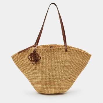 Pre Owned Loewe Natural/Tan Woven Raffia Shell Basket Bag