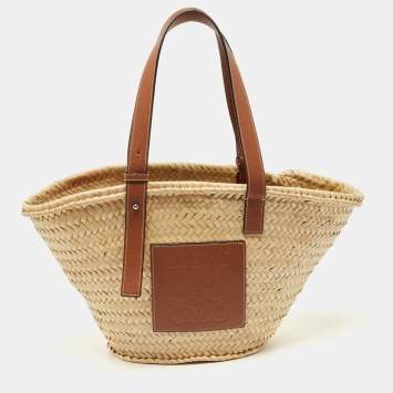 Pre Owned Loewe Beige/Brown Raffia and Leather Medium Basket Tote