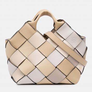 Pre Owned Loewe Beige Brown Small Woven Leather Surplus Basket Bag
