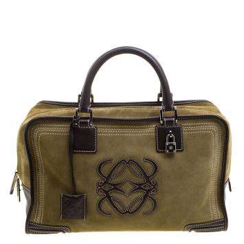 Pre Owned Loewe Khaki/Brown Suede Amazona 36 Tote