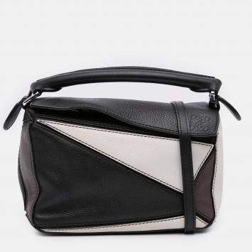 Pre Owned Loewe Black White Mini Tricolor Calfskin Puzzle Satchel