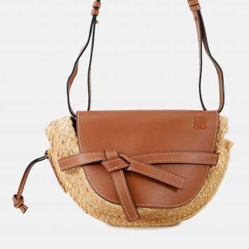Pre Owned Loewe Gate Shoulder Bag Tan/Natural Raffia Leather Size Small