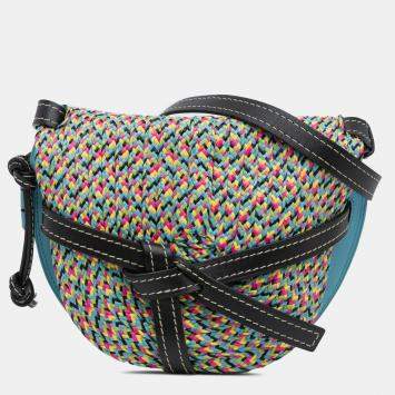 Pre Owned Loewe Blue Small Raffia and Calfskin Gate Crossbody