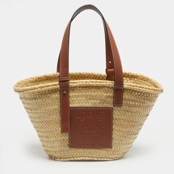 Pre Owned Loewe Tan/Natural Palm Leaf and Leather Medium Basket Tote