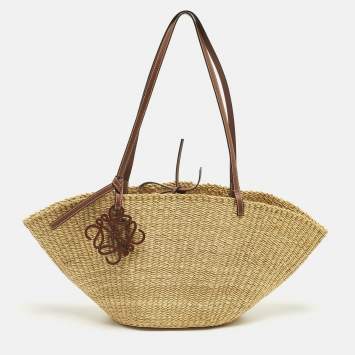 Pre Owned Loewe Brown/Natural Woven Raffia and Leather Shell Basket Tote