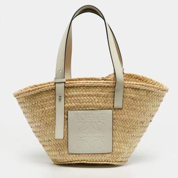 Pre Owned Loewe White/Cream Leather and Raffia Beach Basket Bag