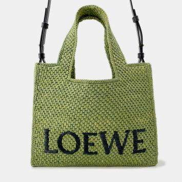 Pre Owned Loewe Font Tote Bag Green Raffia Leather Size Small