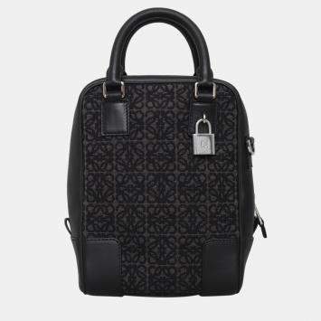 Pre Owned Loewe Black Amazona 15 Leather Trimmed Logo Jacquard Messenger Bag