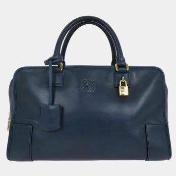 Pre Owned Loewe Amazona 36 Blue Nappa Calfskin Leather Top Handle Bag