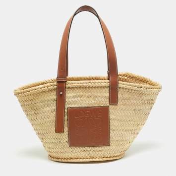 Pre Owned Loewe Beige/Brown Raffia and Leather Basket Tote