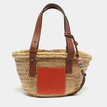 Pre Owned Loewe Basket Small Cream/Brown Woven Raffia and Leather Tote